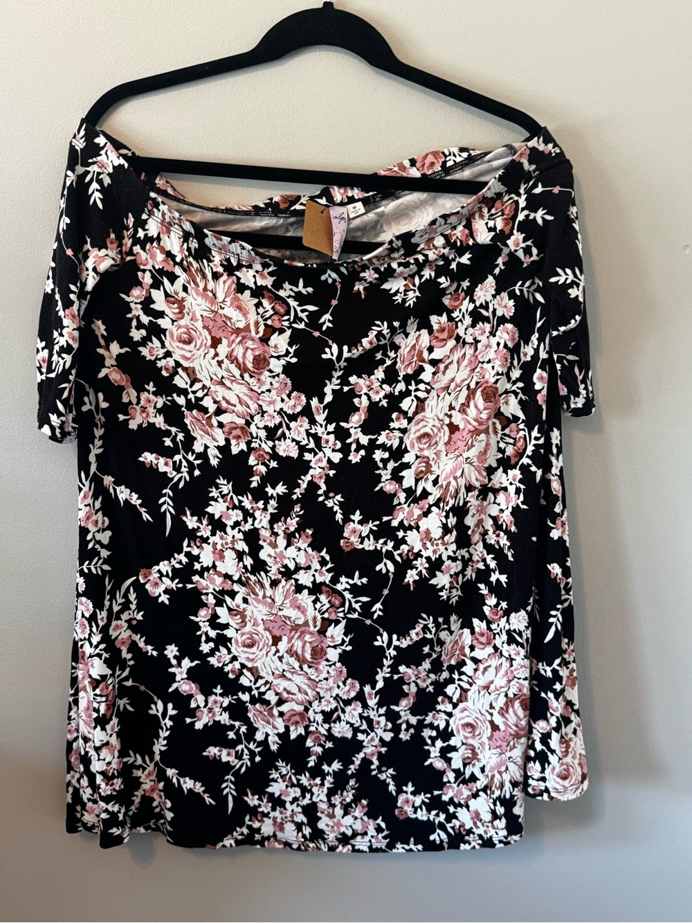 Alyx Black Short Sleeve Top with Pink Rose Floral Print
